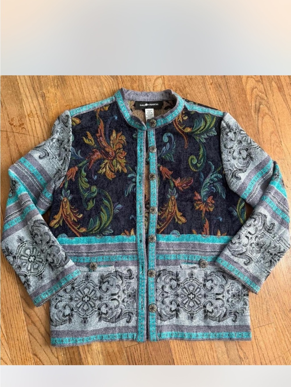 Sag Harbor Multicolor Floral Jacquard Jacket with Teal Trim Sz 14